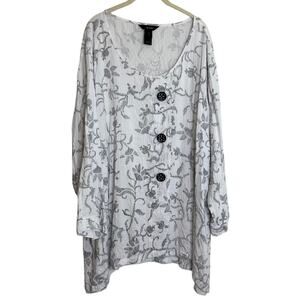 Ali Miles Womens Tunic Top 3X White Black Floral Crinkle Knit Pullover Artsy